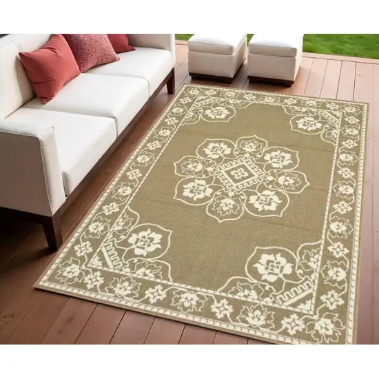 Tan Oriental Stain Resistant Indoor Outdoor Area Rug Photo 1