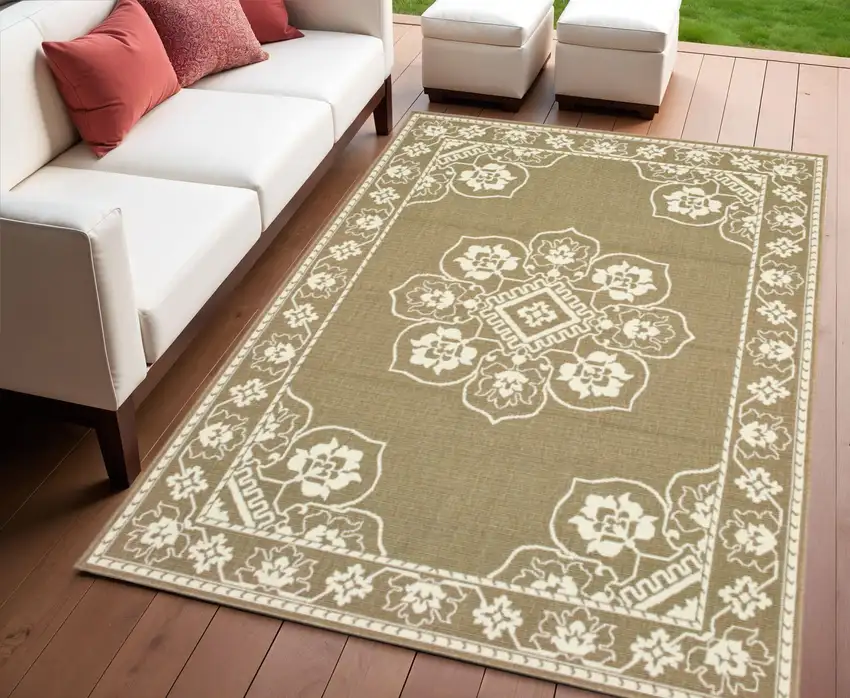 Tan Oriental Stain Resistant Indoor Outdoor Area Rug Photo 1