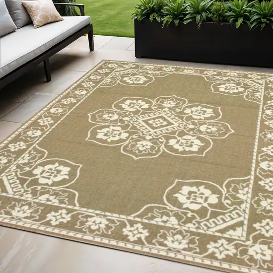 Tan Oriental Stain Resistant Indoor Outdoor Area Rug Photo 1
