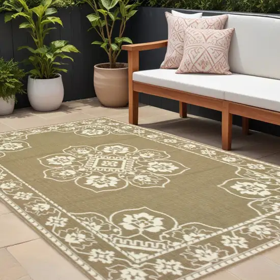 Tan Oriental Stain Resistant Indoor Outdoor Area Rug Photo 1