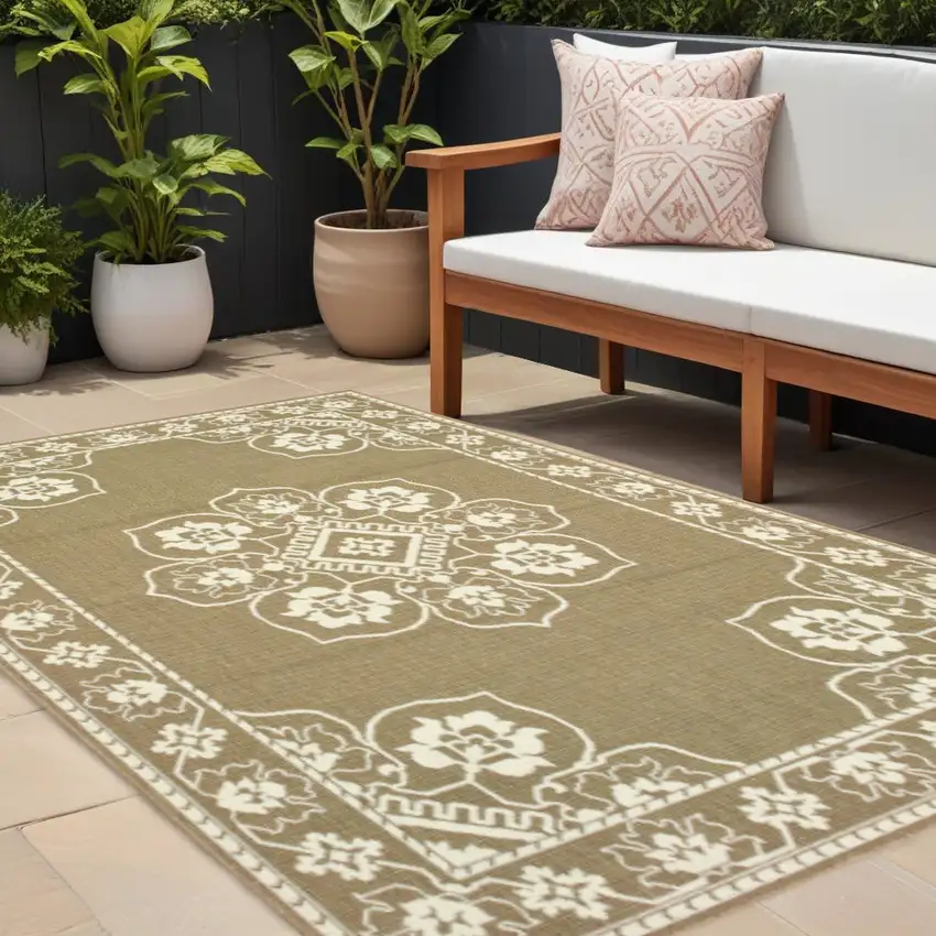 Tan Oriental Stain Resistant Indoor Outdoor Area Rug Photo 1