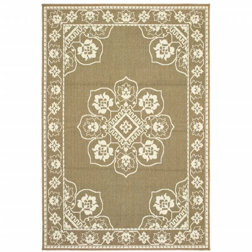 Tan Oriental Stain Resistant Indoor Outdoor Area Rug Photo 1