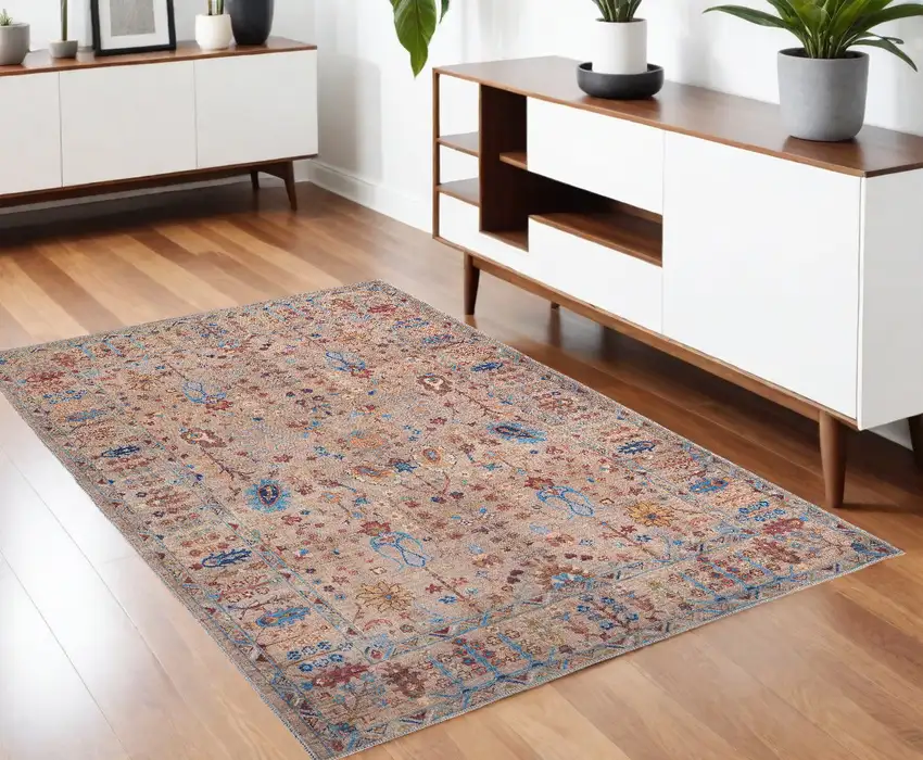 Tan Pink And Blue Floral Power Loom Area Rug Photo 1