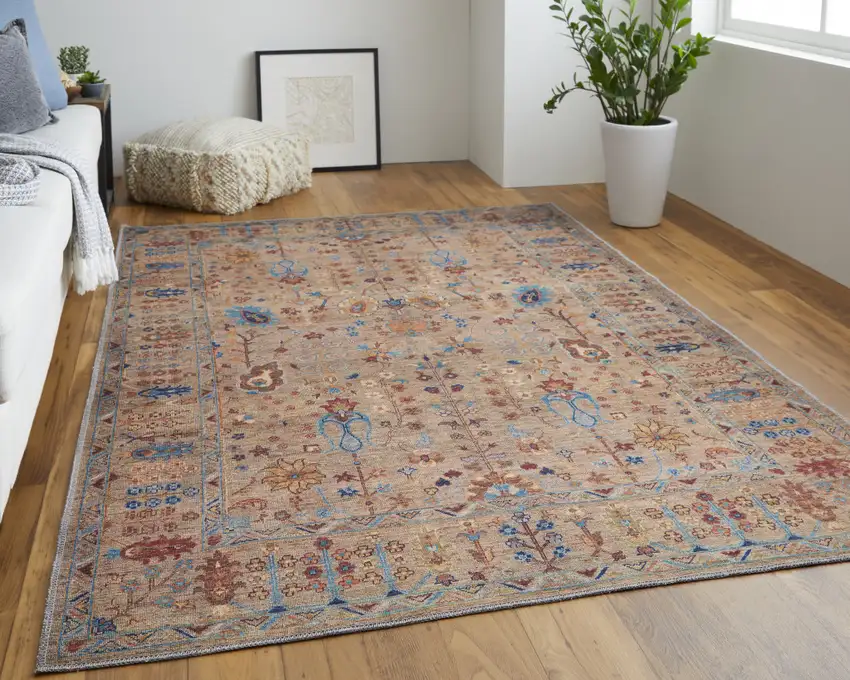 Tan Pink And Blue Floral Power Loom Area Rug Photo 2
