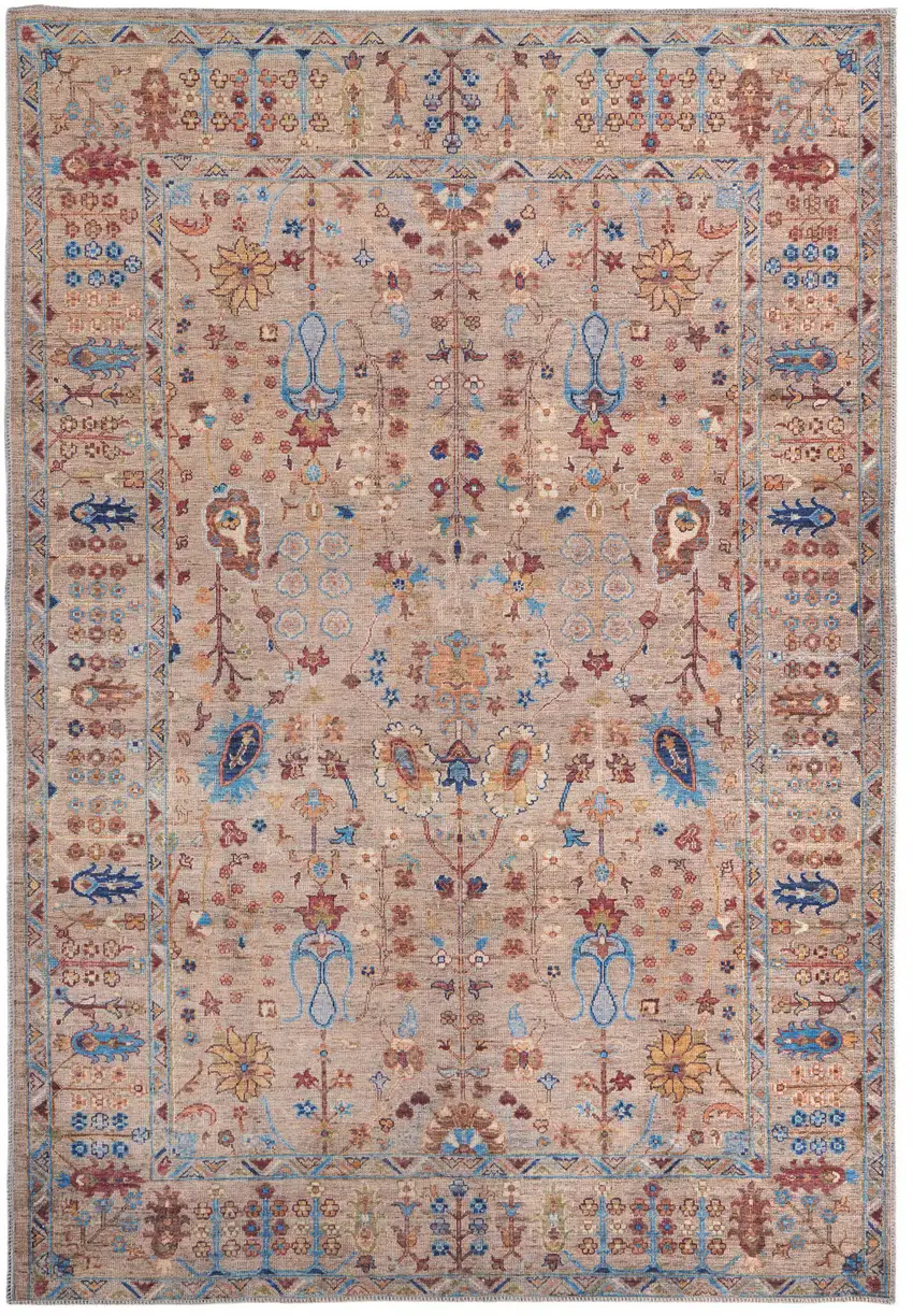 Tan Pink And Blue Floral Power Loom Area Rug Photo 1