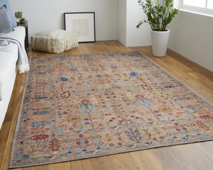 Tan Pink And Blue Floral Power Loom Area Rug Photo 6