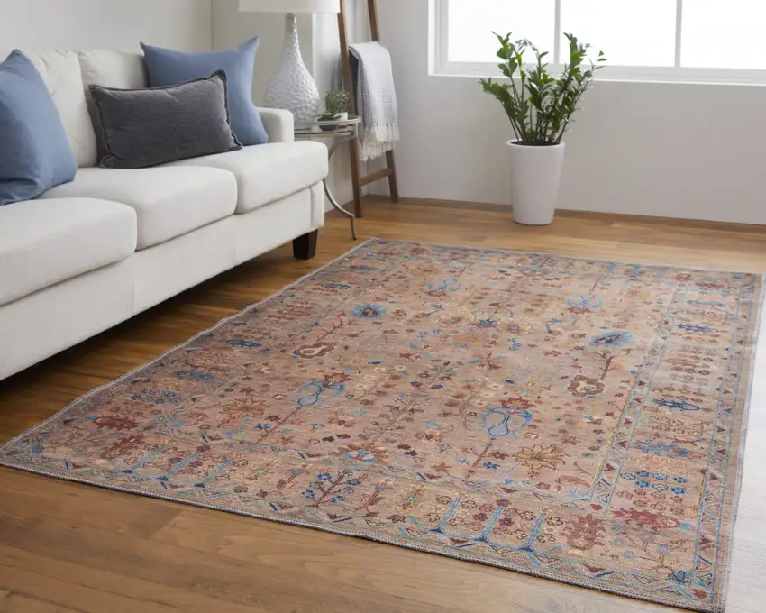 Tan Pink And Blue Floral Power Loom Area Rug Photo 7