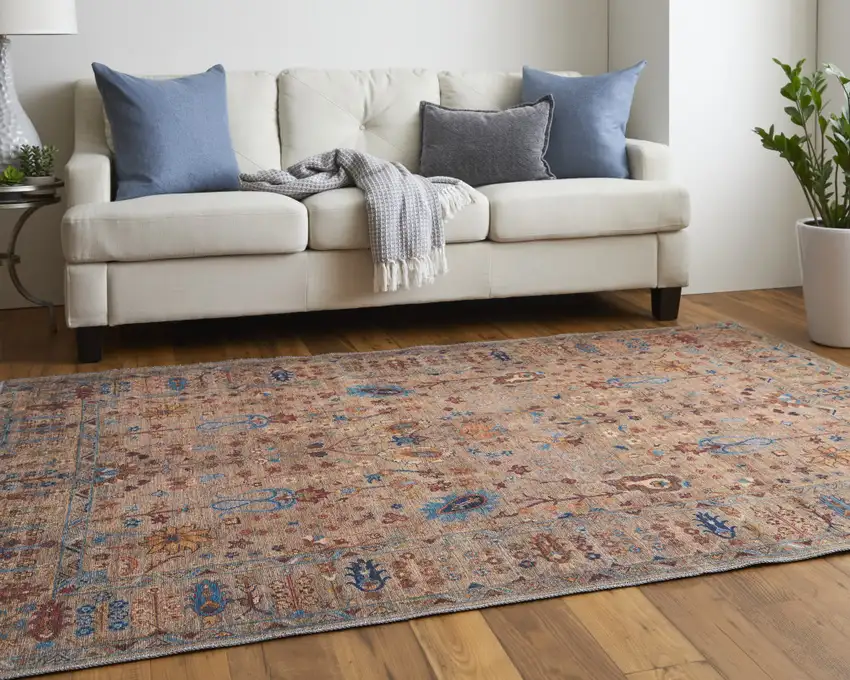 Tan Pink And Blue Floral Power Loom Area Rug Photo 8