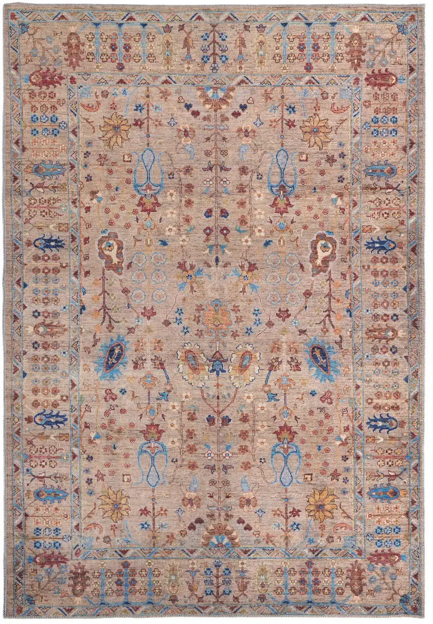 Tan Pink And Blue Floral Power Loom Area Rug Photo 1