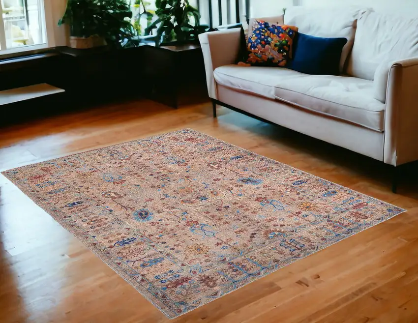 Tan Pink And Blue Floral Power Loom Area Rug Photo 1