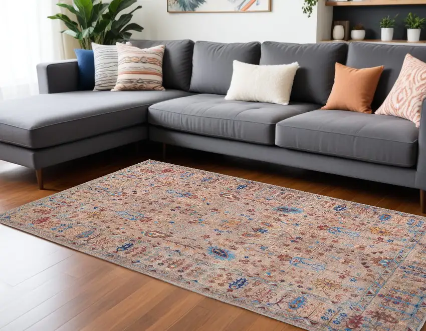 Tan Pink And Blue Floral Power Loom Area Rug Photo 1