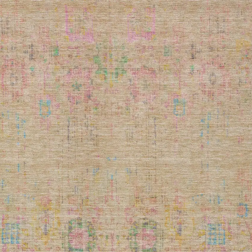 Tan Pink And Yellow Floral Medallion Washable Indoor Outdoor Area Rug Photo 5