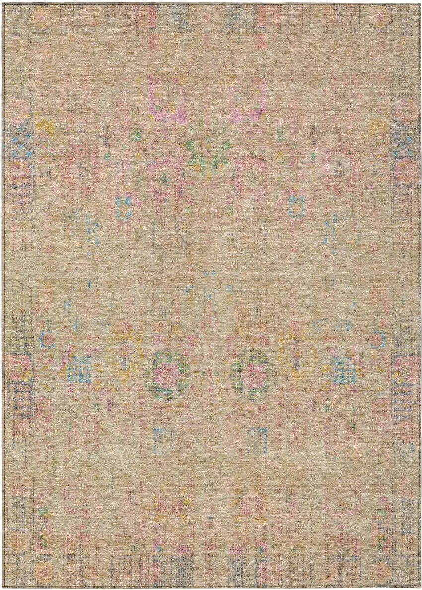 Tan Pink And Yellow Floral Medallion Washable Indoor Outdoor Area Rug Photo 1