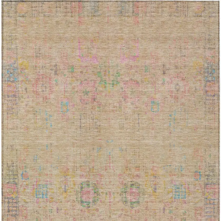 Tan Pink And Yellow Floral Medallion Washable Indoor Outdoor Area Rug Photo 6