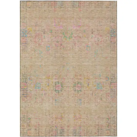 Tan Pink And Yellow Floral Medallion Washable Indoor Outdoor Area Rug Photo 1