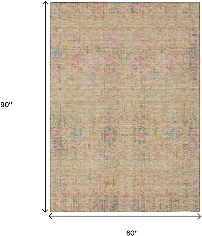 Tan Pink And Yellow Floral Medallion Washable Indoor Outdoor Area Rug Photo 8