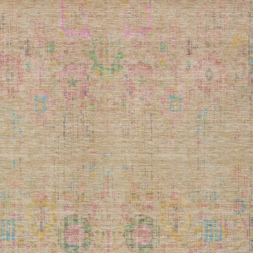 Tan Pink And Yellow Floral Medallion Washable Indoor Outdoor Area Rug Photo 5