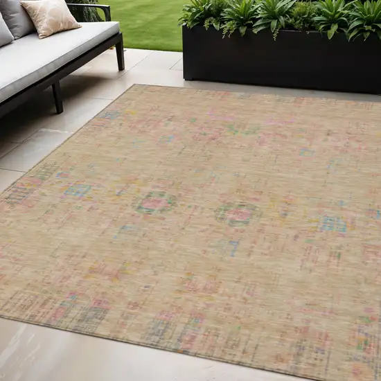 Tan Pink And Yellow Floral Medallion Washable Indoor Outdoor Area Rug Photo 2