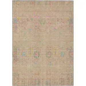 Photo of Tan Pink And Yellow Floral Medallion Washable Indoor Outdoor Area Rug