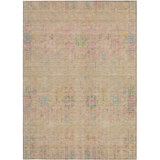 Tan Pink And Yellow Floral Medallion Washable Indoor Outdoor Area Rug Photo 3