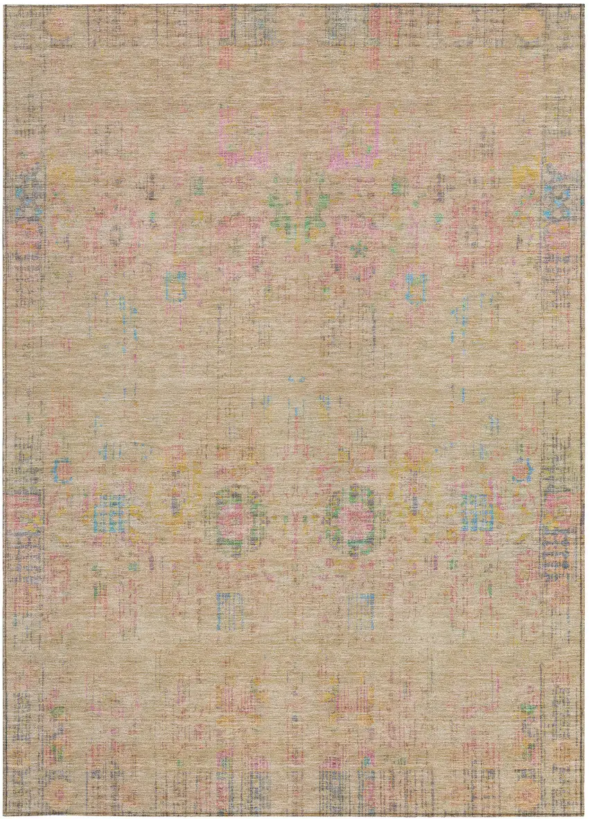 Tan Pink And Yellow Floral Medallion Washable Indoor Outdoor Area Rug Photo 3