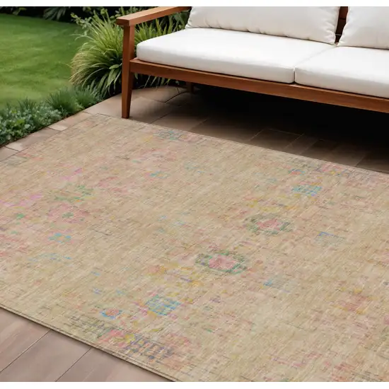 Tan Pink And Yellow Floral Medallion Washable Indoor Outdoor Area Rug Photo 2
