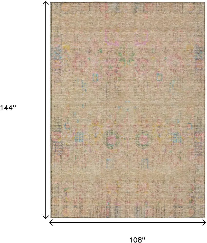 Tan Pink And Yellow Floral Medallion Washable Indoor Outdoor Area Rug Photo 8