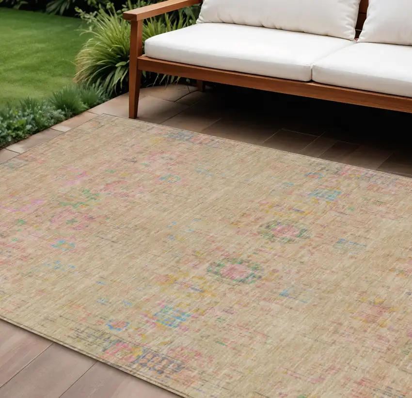 Tan Pink And Yellow Floral Medallion Washable Indoor Outdoor Area Rug Photo 2