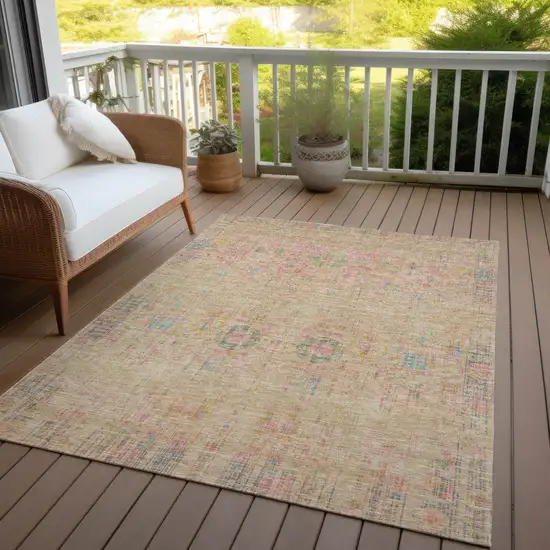 Tan Pink And Yellow Floral Medallion Washable Indoor Outdoor Area Rug Photo 8