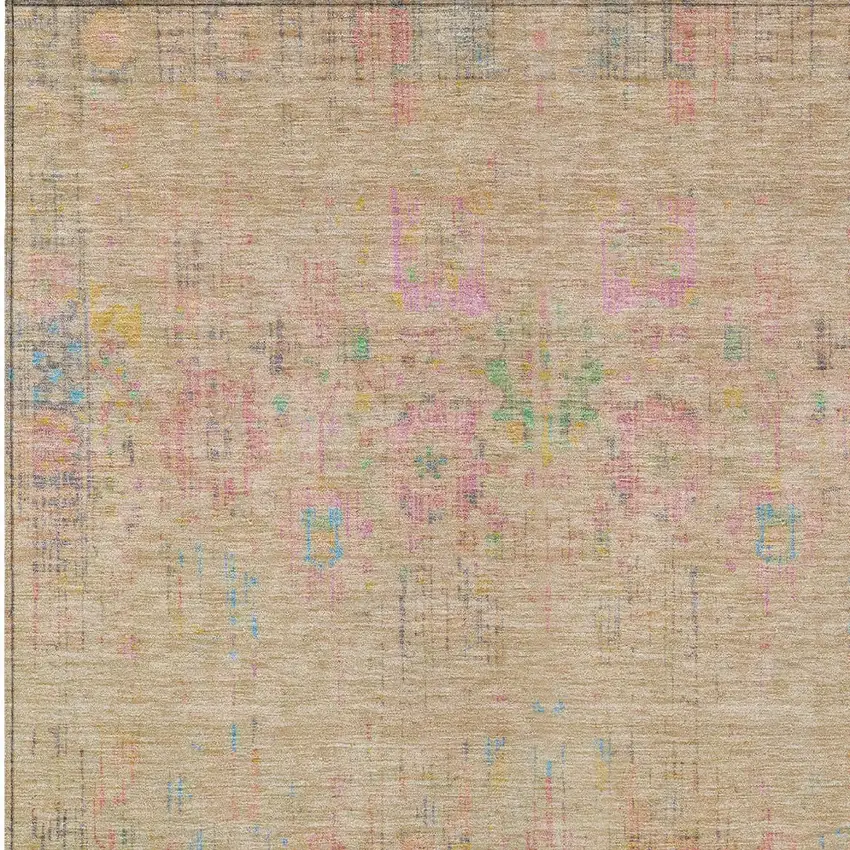 Tan Pink And Yellow Floral Medallion Washable Indoor Outdoor Area Rug Photo 5