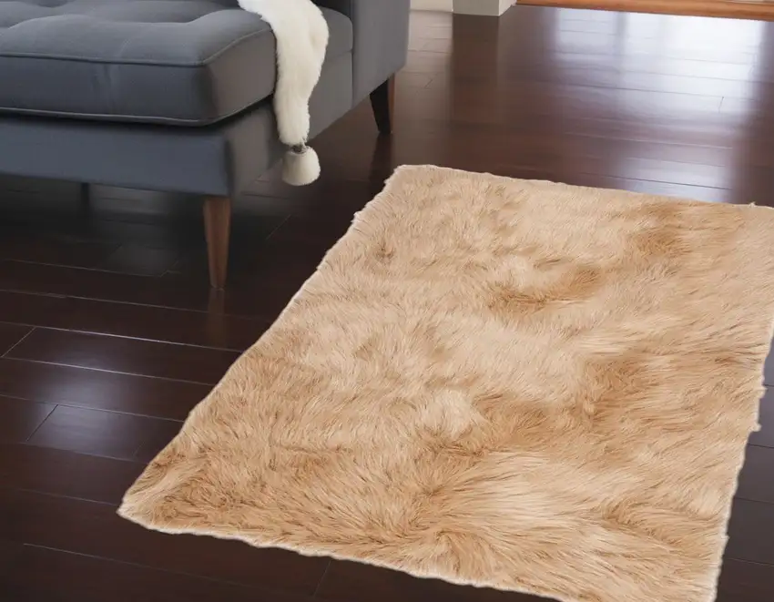 Tan Rectangular Faux Fur - Area Rug Photo 1