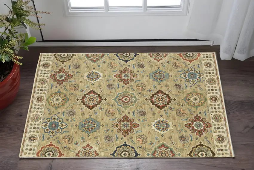 Tan Red And Blue Floral Area Rug With Fringe Photo 1