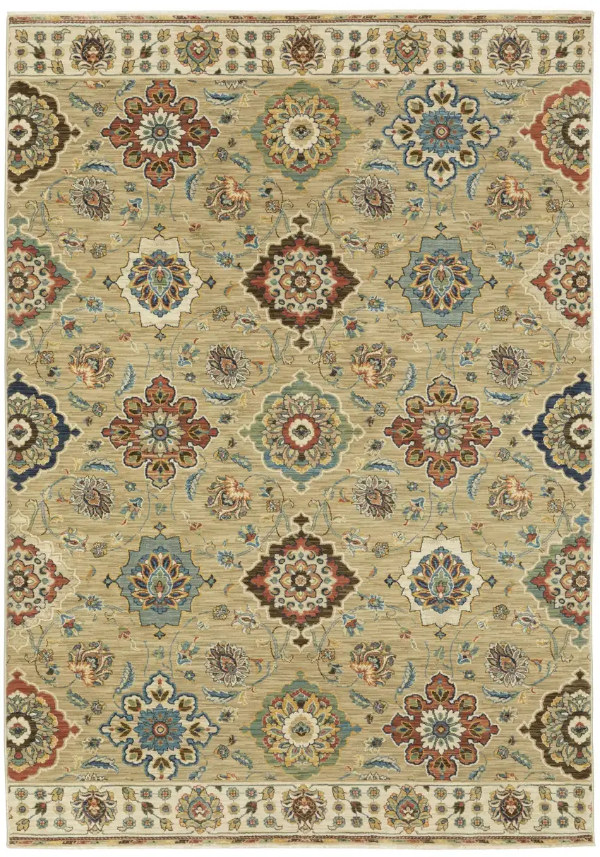 Tan Red And Blue Floral Area Rug With Fringe Photo 5
