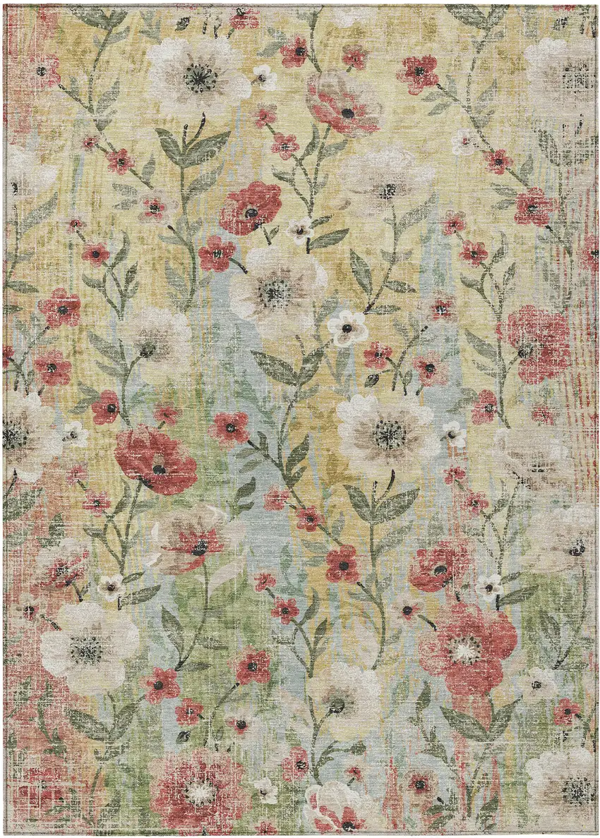 Tan Red And Wheat Floral Washable Indoor Outdoor Area Rug Photo 8