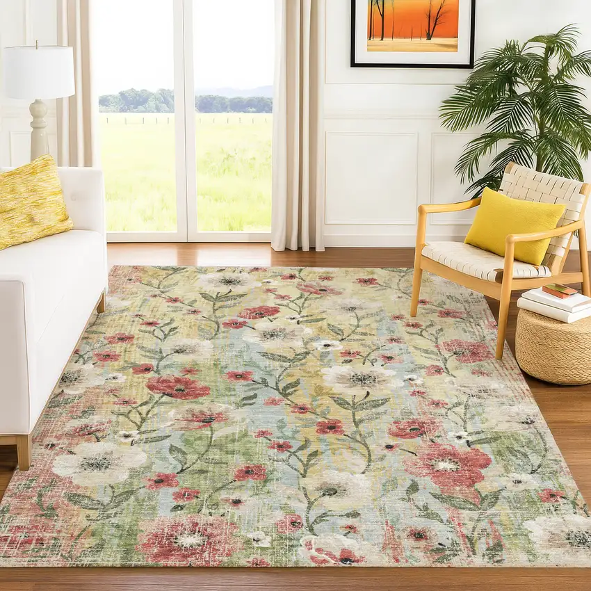 Tan Red And Wheat Floral Washable Indoor Outdoor Area Rug Photo 3