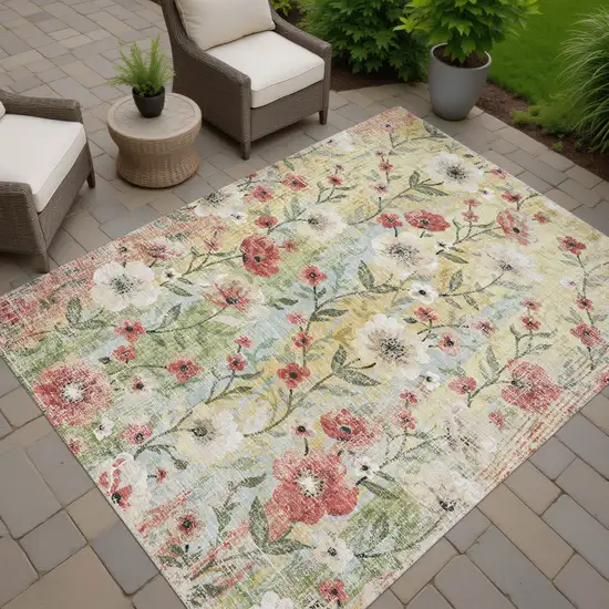 Tan Red And Wheat Floral Washable Indoor Outdoor Area Rug Photo 5