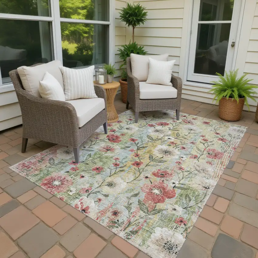 Tan Red And Wheat Floral Washable Indoor Outdoor Area Rug Photo 2
