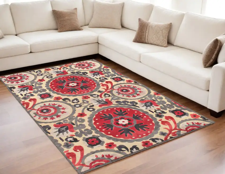 Tan Red and Taupe Paisley Power Loom Area Rug Photo 1