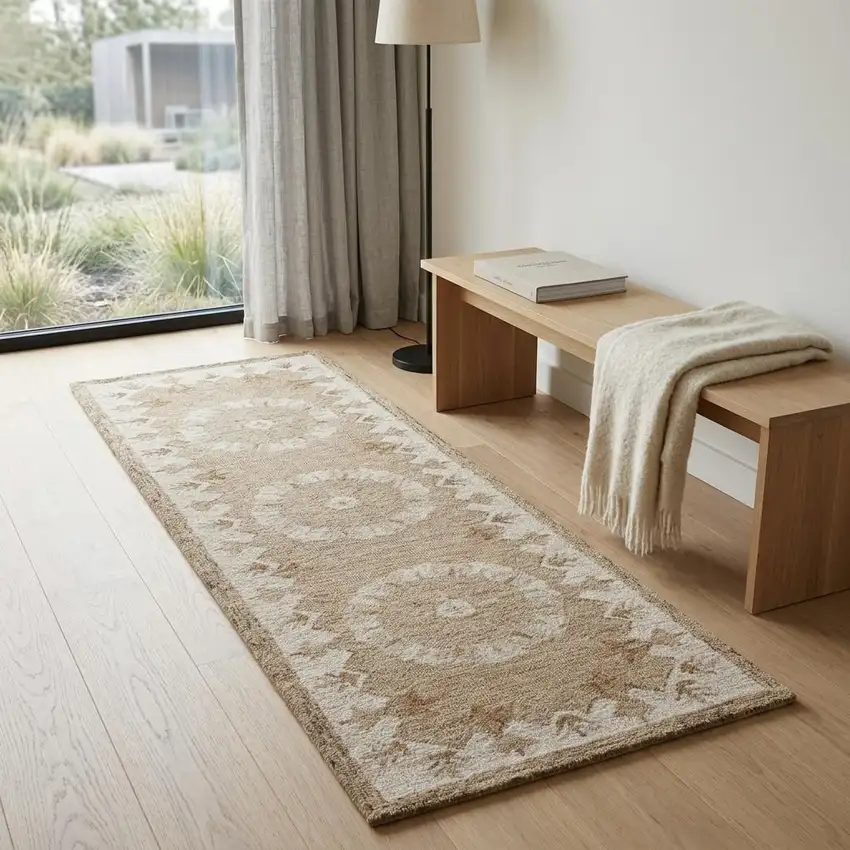 2' X 7' Tan Retro Modern Medallion Runner Rug Photo 1