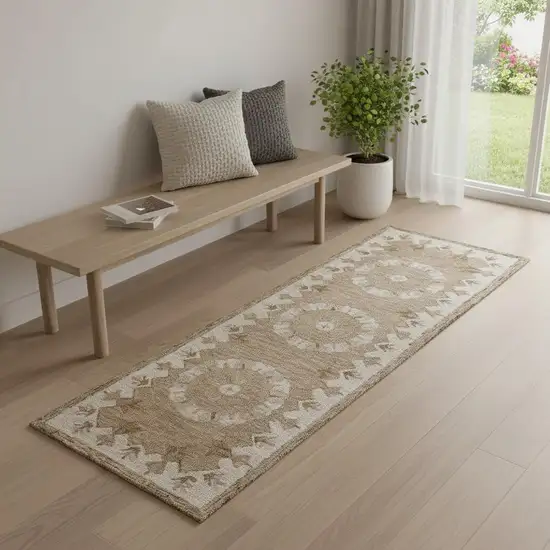 2' X 7' Tan Retro Modern Medallion Runner Rug Photo 1