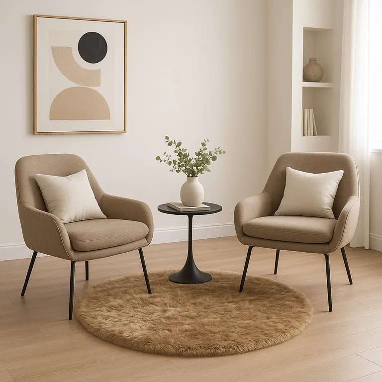 Tan Round Faux Fur Washable Non Skid Area Rug Photo 5