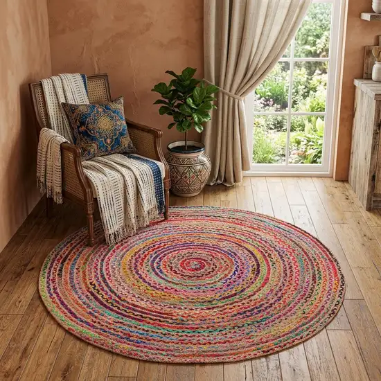 3' Tan Geometric Shag Hand Braided Round Rug Photo 1