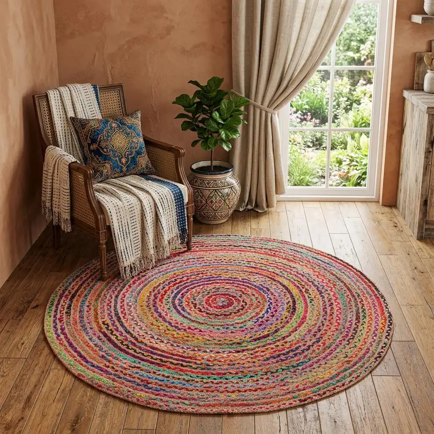 3' Tan Geometric Shag Hand Braided Round Rug Photo 1