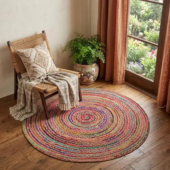 5' X 5' Tan Round Geometric Hand Braided Area Rug Photo 1