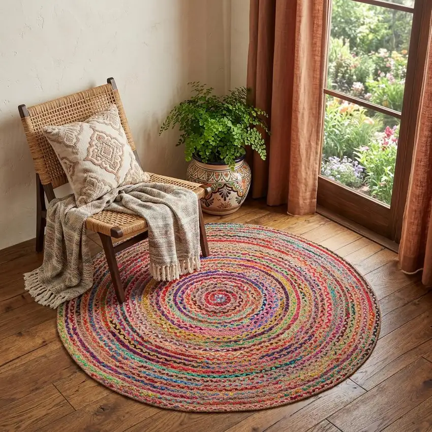 5' X 5' Tan Round Geometric Hand Braided Area Rug Photo 1