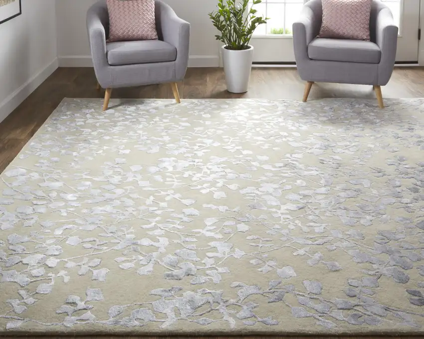 Tan Silver And Gray Wool Floral Tufted Handmade Area Rug Photo 8