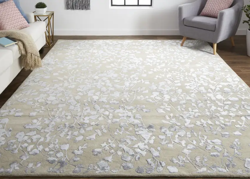 Tan Silver And Gray Wool Floral Tufted Handmade Area Rug Photo 6