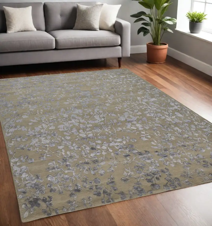 Tan Silver And Gray Wool Floral Tufted Handmade Area Rug Photo 1
