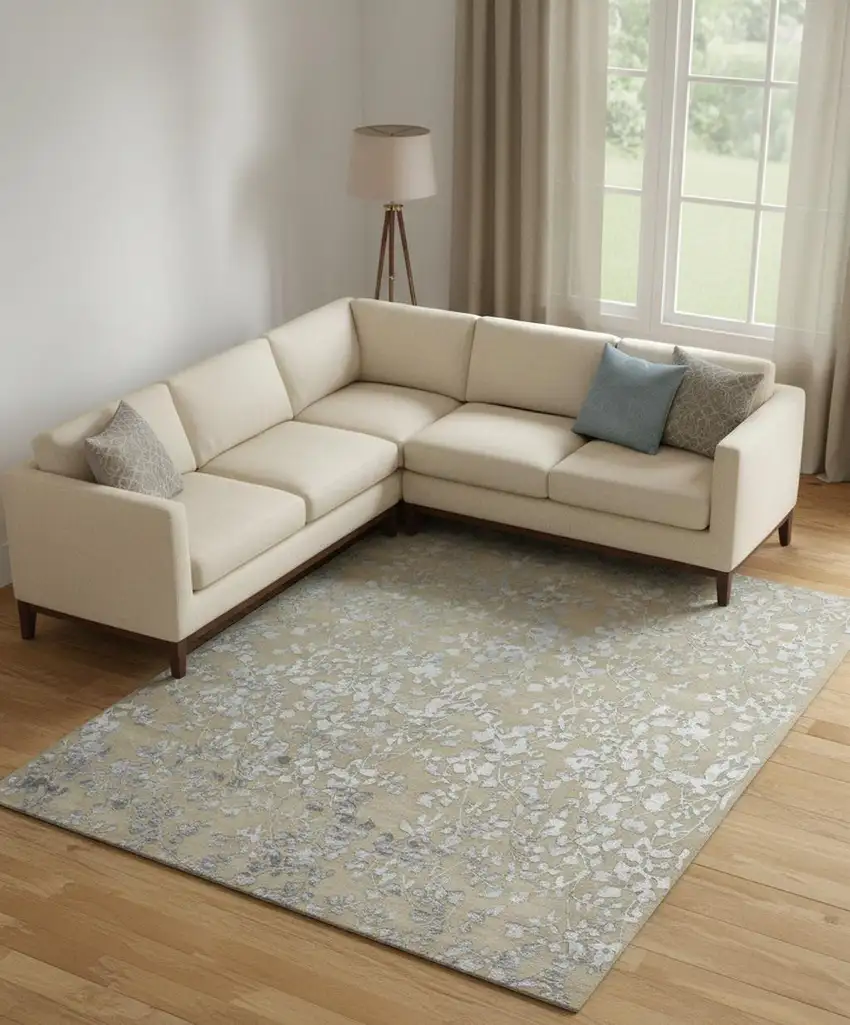 Tan Silver And Gray Wool Floral Tufted Handmade Area Rug Photo 1