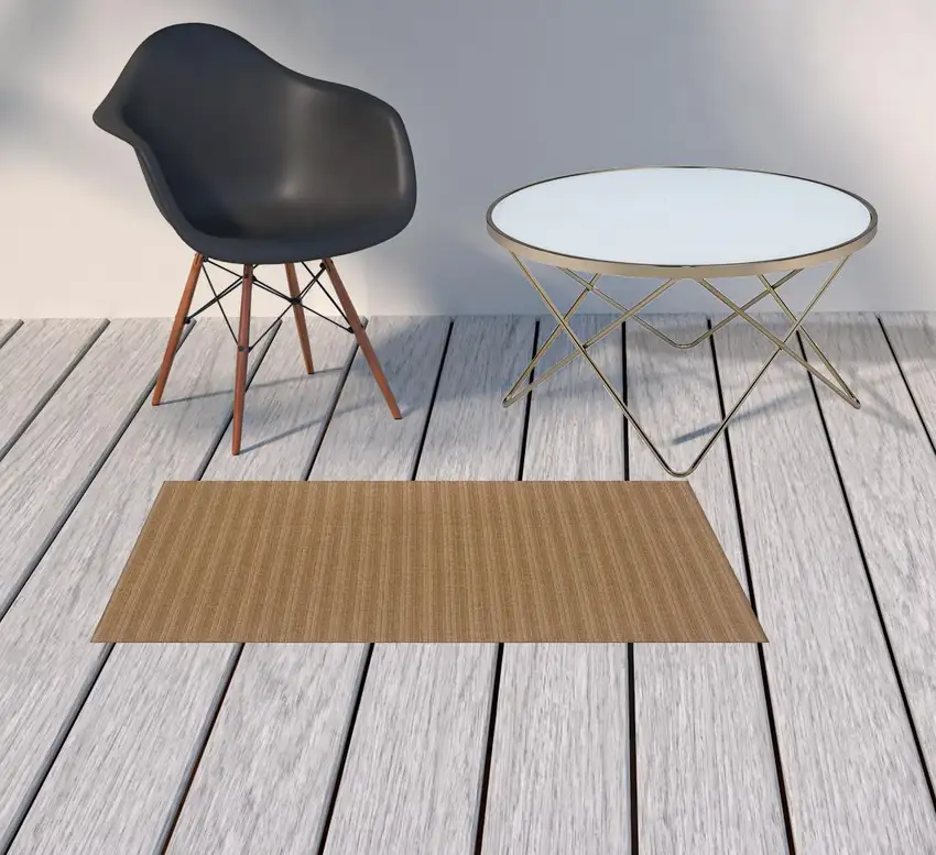 Tan Striped Stain Resistant Indoor Outdoor Area Rug Photo 2